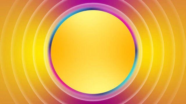 Gold yellow magenta background with spectrum color circle and radio signal waves. Expanding concentric circles radiating out from the center. Blur effect.