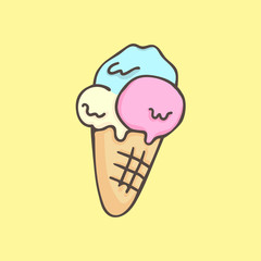 Cute ice cream cone, vector cartoon illustration.
