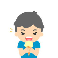 Happy boy eating ice cream, enjoying dessert, vector illustration.
