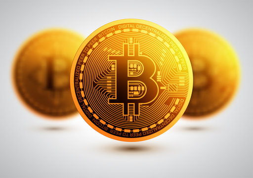 Bitcoin. Physical bit coin. Digital currency.  Golden coin with bitcoin symbol. Vector illustration. Mining or blockchain technology for cryptocurrency.