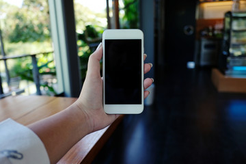 Close up of women's hands holding cell telephone blank copy space screen. smart phone with technology concept.