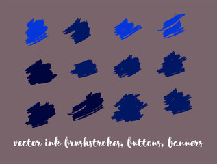 Grunge Vector Paint Buttons Set. Modern Splats, Ink Banners, Hand Painted Smears. Hipster Graffiti Ads Backgrounds, Vintage Textured Doodles. Cool Smeared Borders, Vector Gouache Buttons Set.