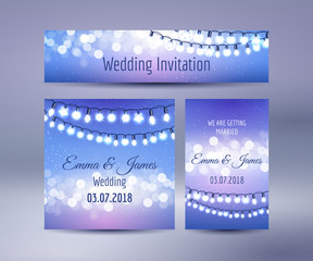 Wedding invitation cards in blue colors with lights bokeh and garlands, vector illustration