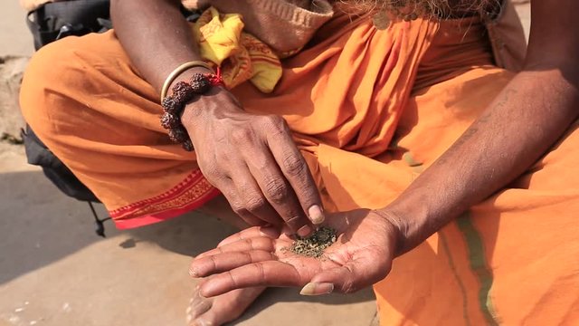 Hindu sadhu man preparing a cigarette to smoke marijuana with chillum on the ghats of the Ganges river in Varanasi, India . Close up