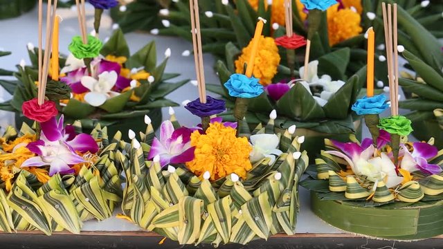 Beautiful home made kratongs, preparing for Loy Krathong Festival celebrated in Thailand