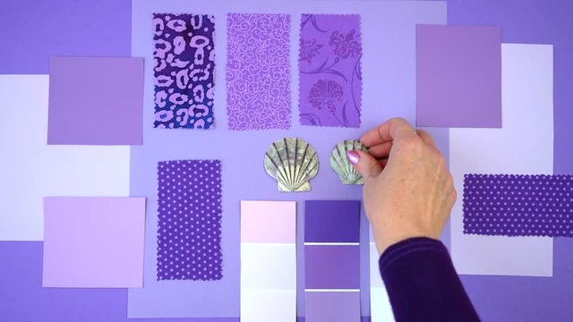 Flat lay overhead mood board layout for ultra violet, color of the year, 2018.