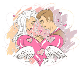 Girl and boyfriend love forever. Romantic relationship. A big heart with wings.