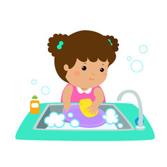 Illustration of happy girl washing dish on white background.