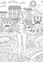 Pretty girl in a city for coloring book