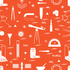 Seamless pattern with variety scientific, education elements: dividers, formula, test-tube, satellites, batteries and other.