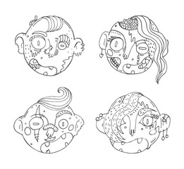 Vector set with hand drawn doodle zombies heads. Ink illustration with lovely characters in black and white