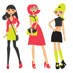 Naklejka na ściany i meble Vector set with three lovely fashion neon girls drawn in flat style. Young characters with various bags and skirts, in crop-tops, posing.