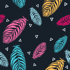 Fototapeta na wymiar Hand drawn pattern with palm leaves on black background in seamless texture. Bright hand drawn vector illustration