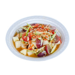 Spicy Thai mixed fruits salad isolated on white background with working path