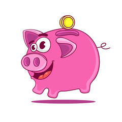 cartoon pink pig piggy Bank with Golden coin vector illustration