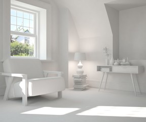 Idea of white room with armchair and summer landscape in window. Scandinavian interior design. 3D illustration