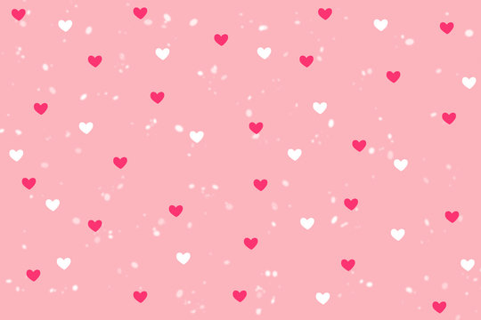 Pink and white heart shape with snowfall background on sweet pink wallpaper with copy space. Illustration raster pattern love theme on Valentine's day concept can apply for product display and other.