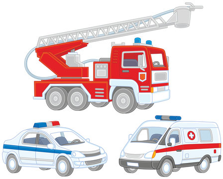 Vector set of a fire truck, an ambulance car and a police car