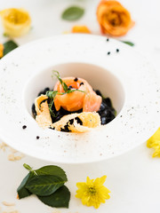 gourmet breakfast meal black pasta concept. luxury food. delicacy recipe.