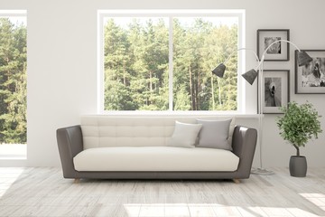 Idea of white room with sofa and summer landscape in window. Scandinavian interior design. 3D illustration