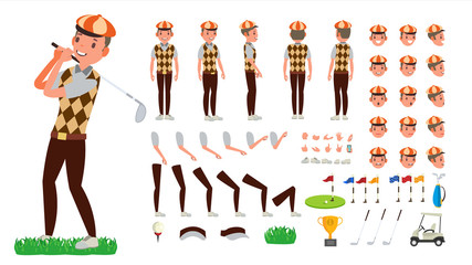 Golf Player Vector. Animated Character Creation Set. Football Tools And Equipment. Full Length, Front, Side, Back View, Accessories, Poses, Face Emotions, Gestures. Isolated Flat Cartoon Illustration