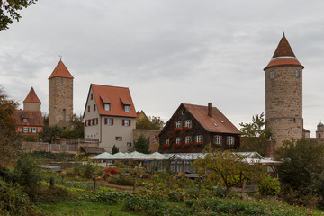 Fototapeta na wymiar Fortifications of the medieval town Dinkelsbuhl in Bavaria, Germany