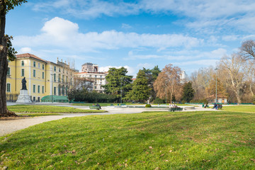 Fototapeta premium Milan, Italy. Indro Montanelli public gardens (or gardens of porta Venezia or via Palestro) in Milan city. Large urban park with the fountain of Palazzo Dugnani 