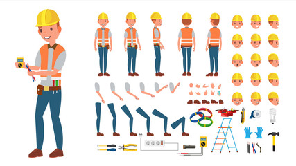 Electrician Vector. Animated Character Creation Set. Electronic Tools And Equipment. Full Length, Front, Side, Back View, Accessories, Poses, Face Emotion, Gestures. Isolated Flat Cartoon Illustration