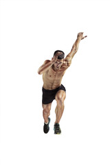 The studio shot of high jump athlete is in action