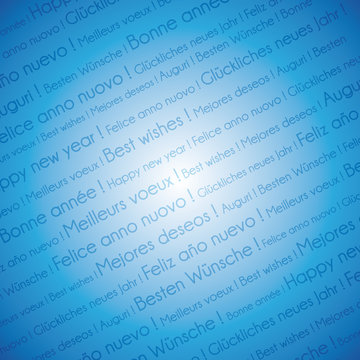 All languages blue happy new year background.