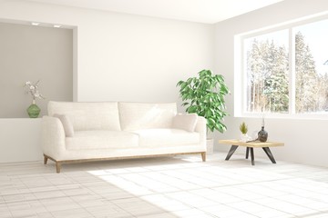 White room with sofa and winter landscape in window. Scandinavian interior design. 3D illustration