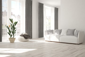 Idea of white minimalist room with sofa. Scandinavian interior design. 3D illustration