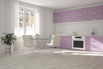 White kitchen with winter landscape in window. Scandinavian interior design. 3D illustration