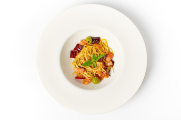 Spaghetti with bacon, dry chili, green olive