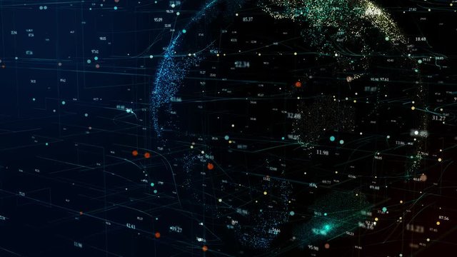 3D animation of planet Earth rotating in global futuristic cyber network with connection lines around globe. Neural artificial grid represents data and cryptocurrency exchange in business concept. 