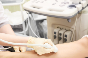 Apparatus ultrasound examination. Doctors work. Medical research. Patients foot