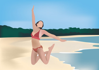 ragazza in costume che salta al mare