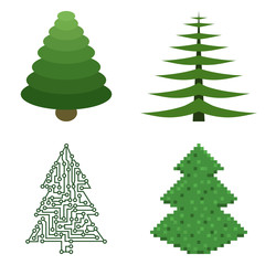 Set of Christmas trees painted in different styles isolated on white background. Vector illustration.