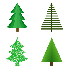 Set of Christmas trees painted in different styles isolated on white background. Vector illustration.