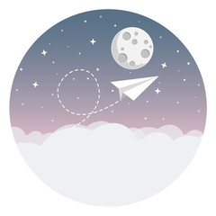 Papierflieger über Wolken fliegt zu Mond Flat Design Icon