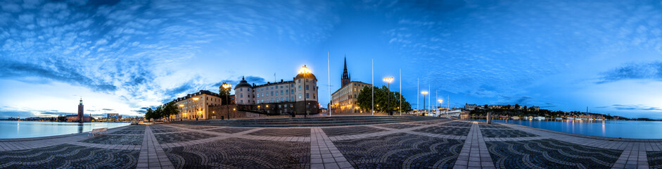 Fototapeta na wymiar Stockholm Old Town Skyline in Gamla Stan. 360 degree Panoramic montage from 21 images