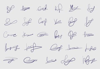 Set of fictitious signature isolated on white background. Template for personal autograph. Abstract vector sketch strokes