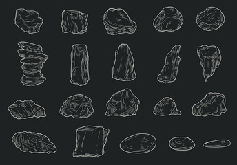 Set of different stones in cartoon sketch style. Hand drawn vector illustration isolated on black background.