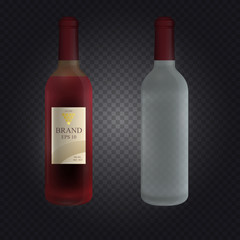 Realistic glass vine bottle with screw cap isolated on transparent background. 3d vector illustration.
