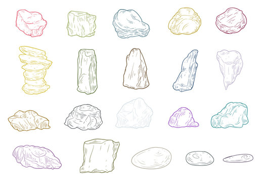 Set of different colorful stones in cartoon sketch style. Hand drawn vector illustration isolated on white background.