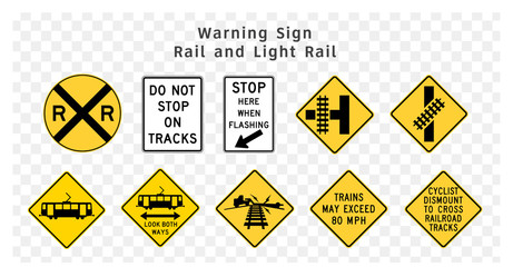 Road sign. Warning. Rail and Light Rail.  Vector illustration on transparent background