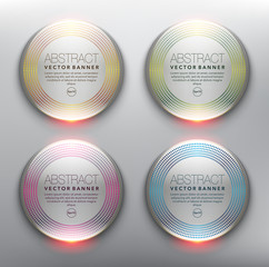 Vector glass web banners set of 4. Round glossy banners with circular design. Isolated on the light panel. Each item contains space for own text. Vector illustration. Eps10.