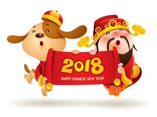 Chinese New Year. Chinese God of Wealth and Chinese Zodiac Dog with scroll. Traditional Chinese Costume. The year of the dog.