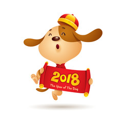 Chinese New Year. Chinese God of Wealth and Chinese Zodiac Dog with scroll. Traditional Chinese Costume. The year of the dog.