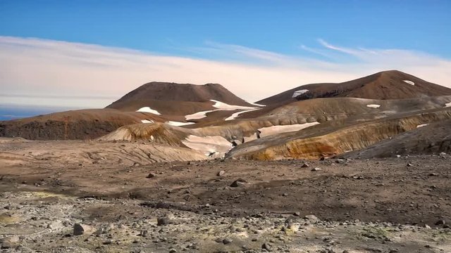 Panorama of the slope of Ebeko volcano on Paramushir Island. Kuril Islands, Russia